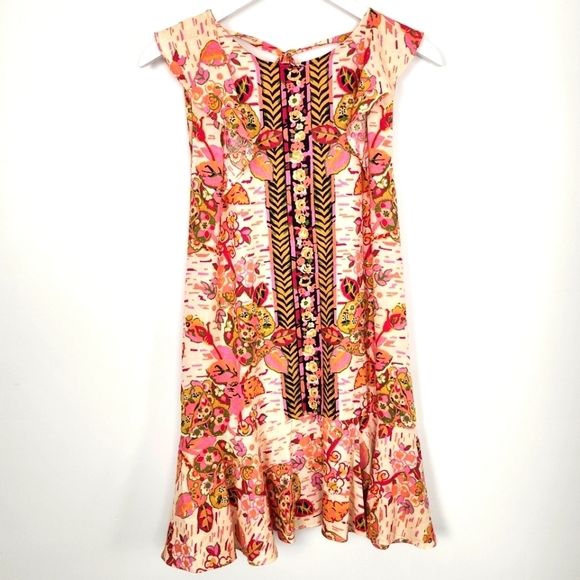Free People Linen Pink/Cream Floral Print Ruffled Hem Tunic/Mini Dress Size L - Picture 5 of 12